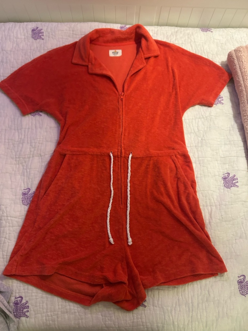 Marine Layer Kids Red Terry One-Piece Romper with Drawstring